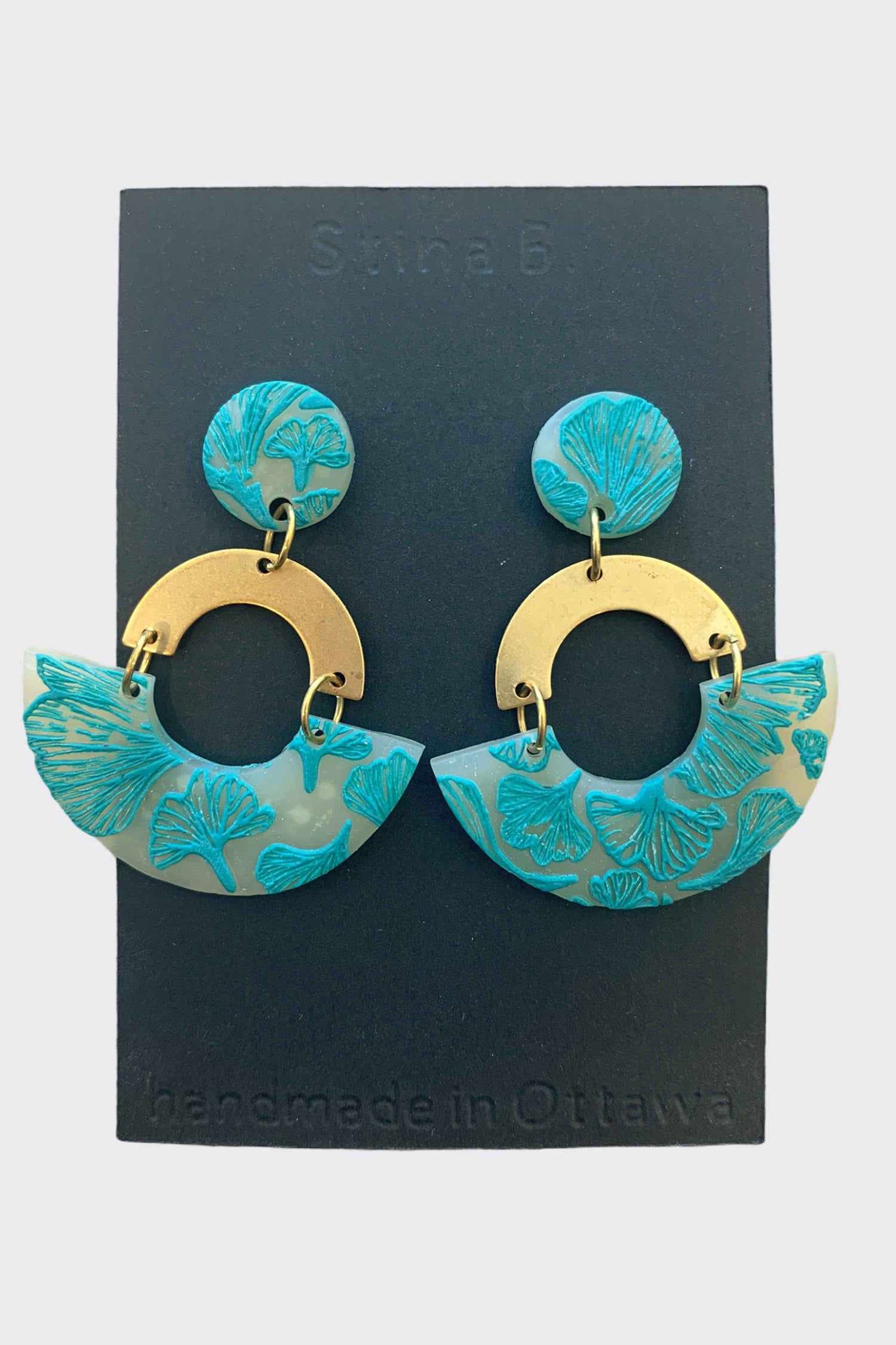 Raw Brass Mutlicolour Polymer Clay transparent and teal gingko circle Earrings