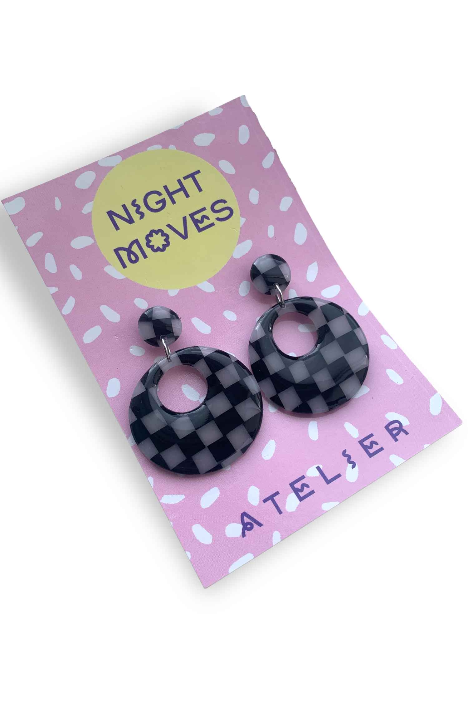Black and Translucent Checker Circle Dangles