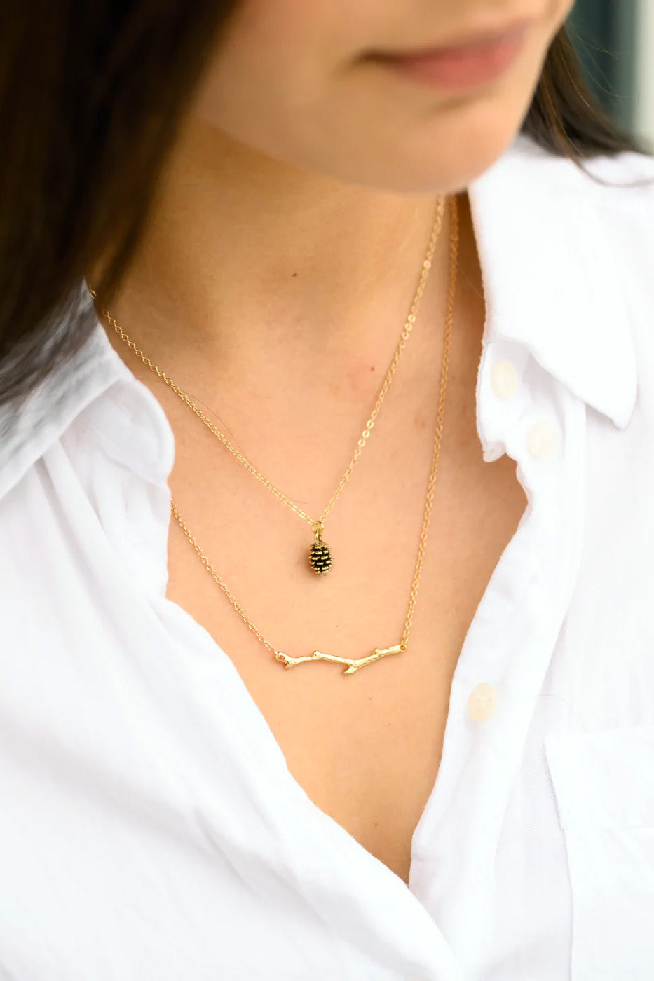 Pine Cone and Branch Layering Set by Birch Jewellery, Gold, made in Ottawa