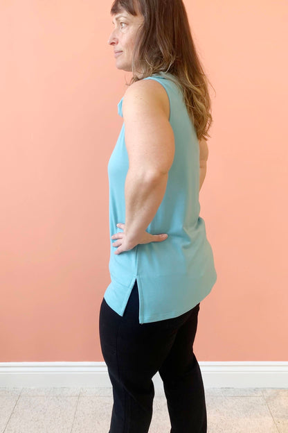 Tammy Top by Pure Essence, Sea Angel, side view, cowl neck, wide band at hem, side slits, eco-fabric, bamboo rayon, cotton, sizes XS to XXL, made in Canada