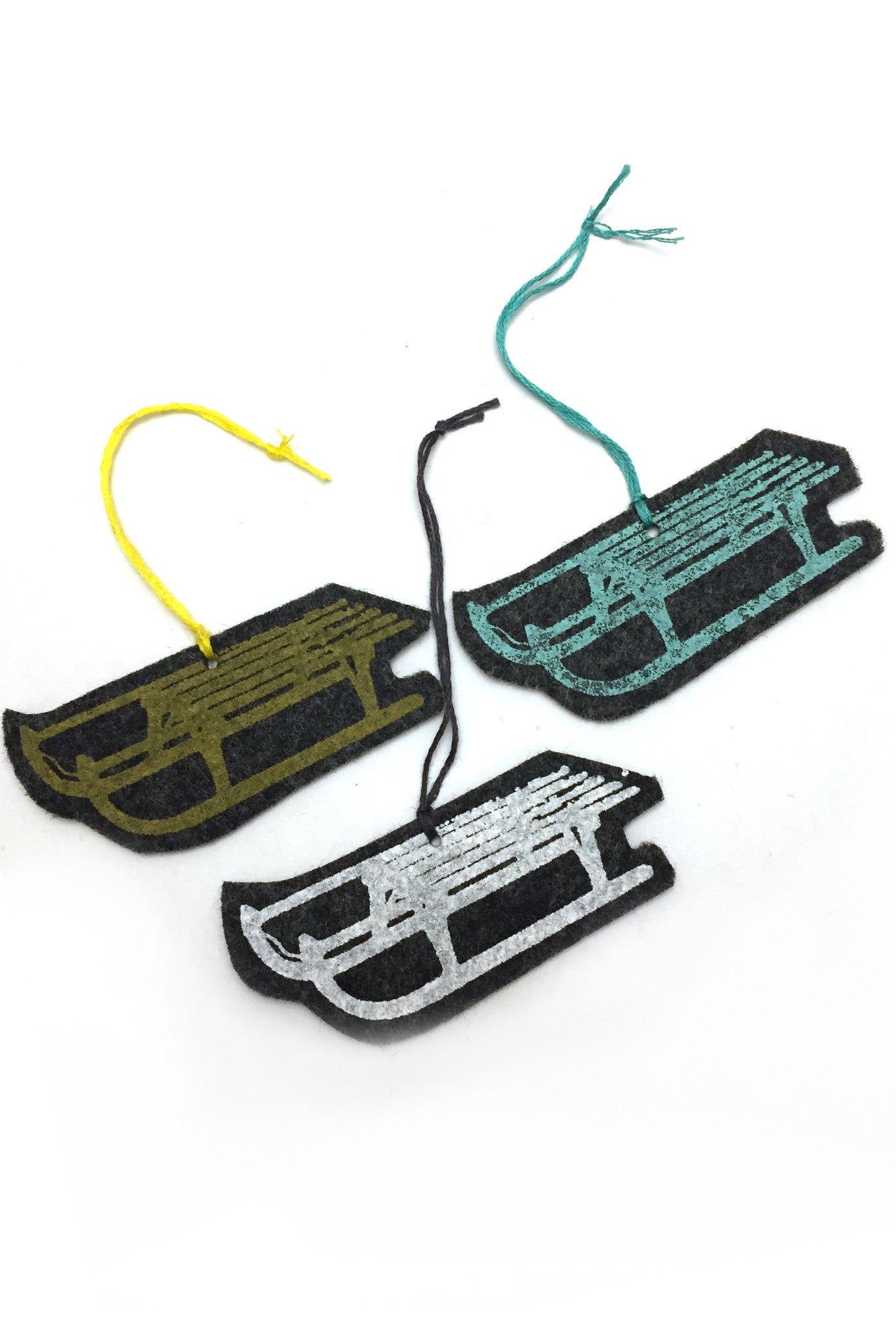 Workshop handmade silkscreen ornament sets, 3 sleds. made in Ottawa Canada
