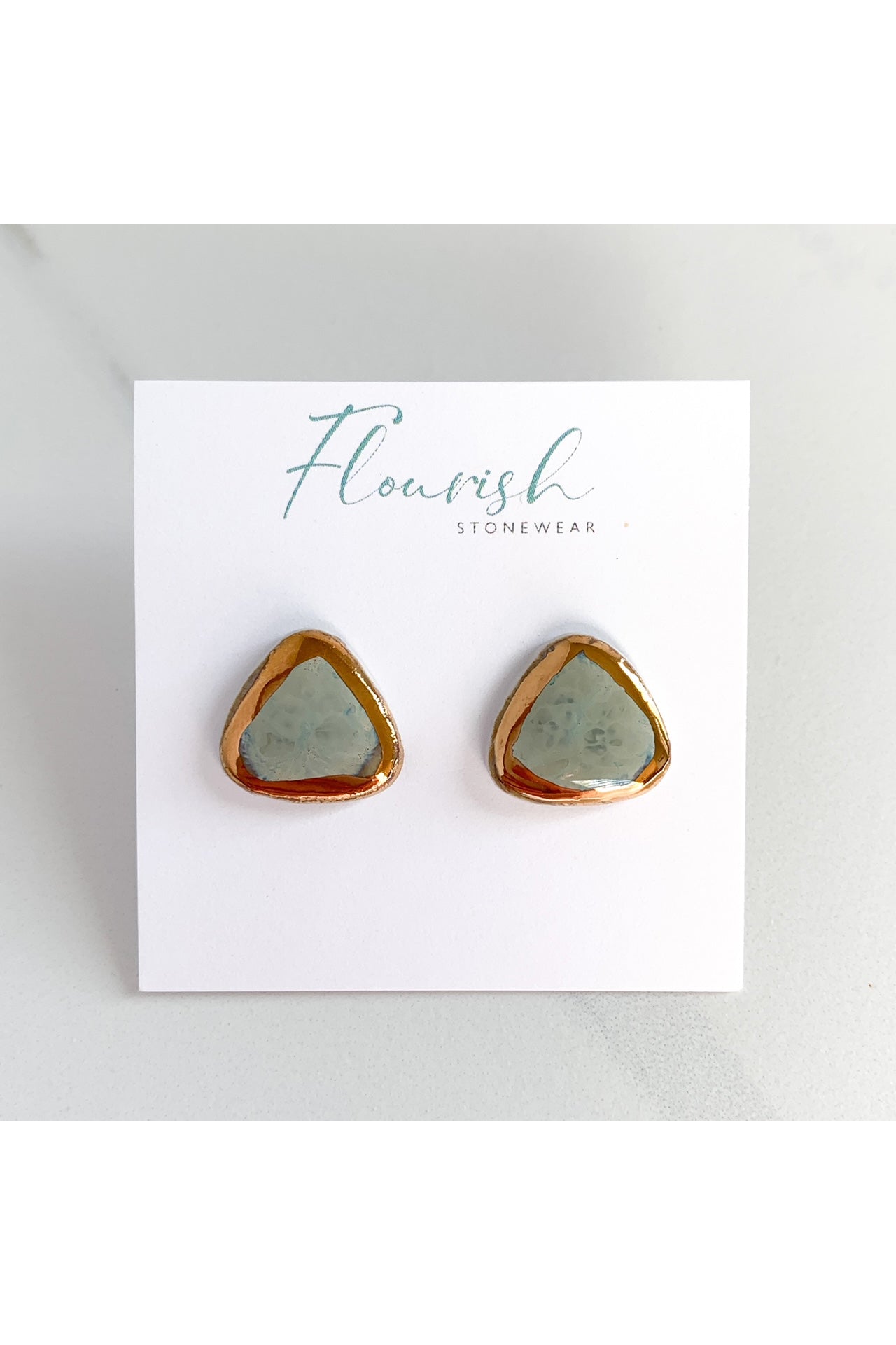 Grey-Blue Triangle Porcelain Dangle Earrings with Gold Lustre