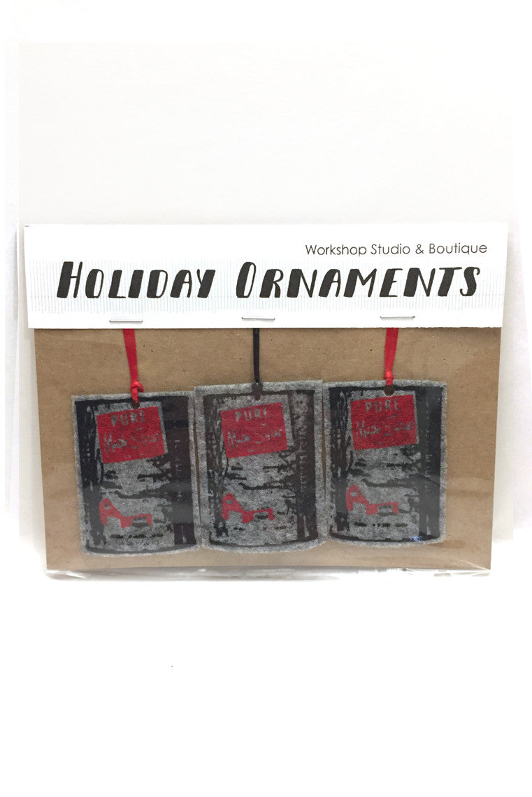 Grey Maple Syrup Cans Sirop D'érable handmade felt ornaments. Handmade in our Ottawa studio.