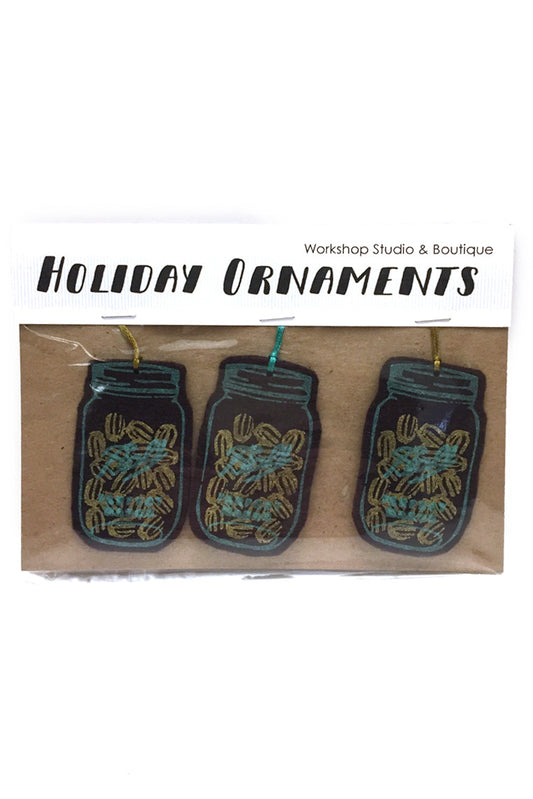 Workshop handmade silkscreen ornament sets, 3 humbug. made in Ottawa Canada