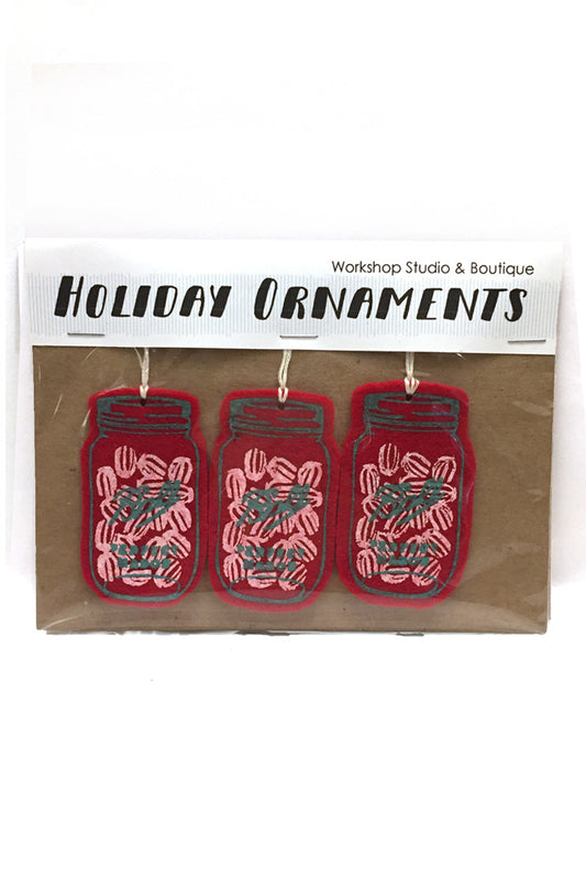 Workshop handmade silkscreen ornament sets, 3 peppermint filled mason jars. made in Ottawa Canada