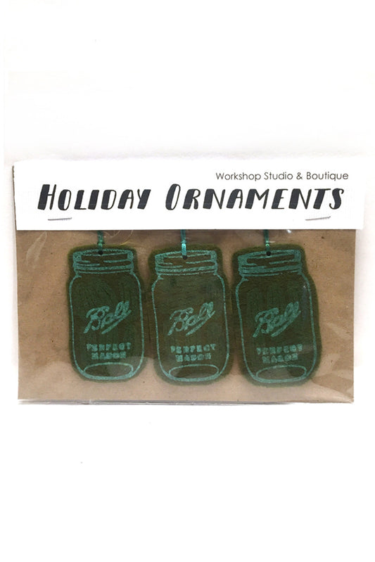 Workshop handmade silkscreen ornament sets, 3 pickle jars. made in Ottawa Canada