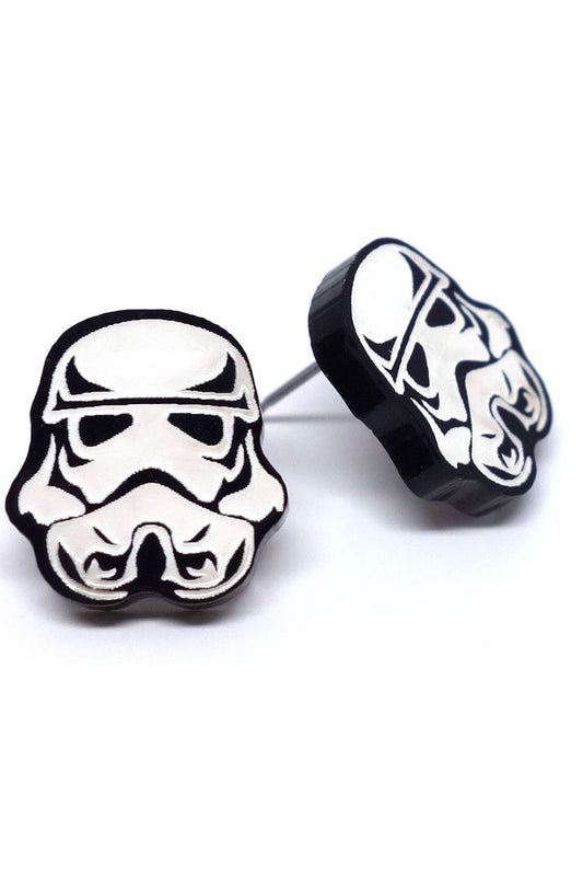 Star Wars Stormtrooper Earrings by Creations Lilipop, reclaimed plastic, engraved, laser-cut, white paint-fill, stainless steel posts and backings