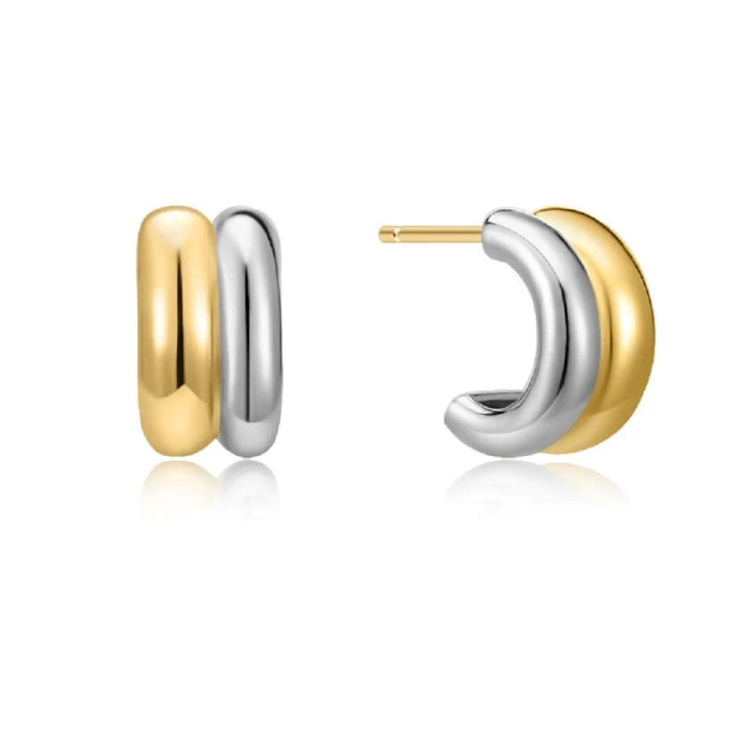Puffy Double Hoop Earring | Steel Gold Huggie 
