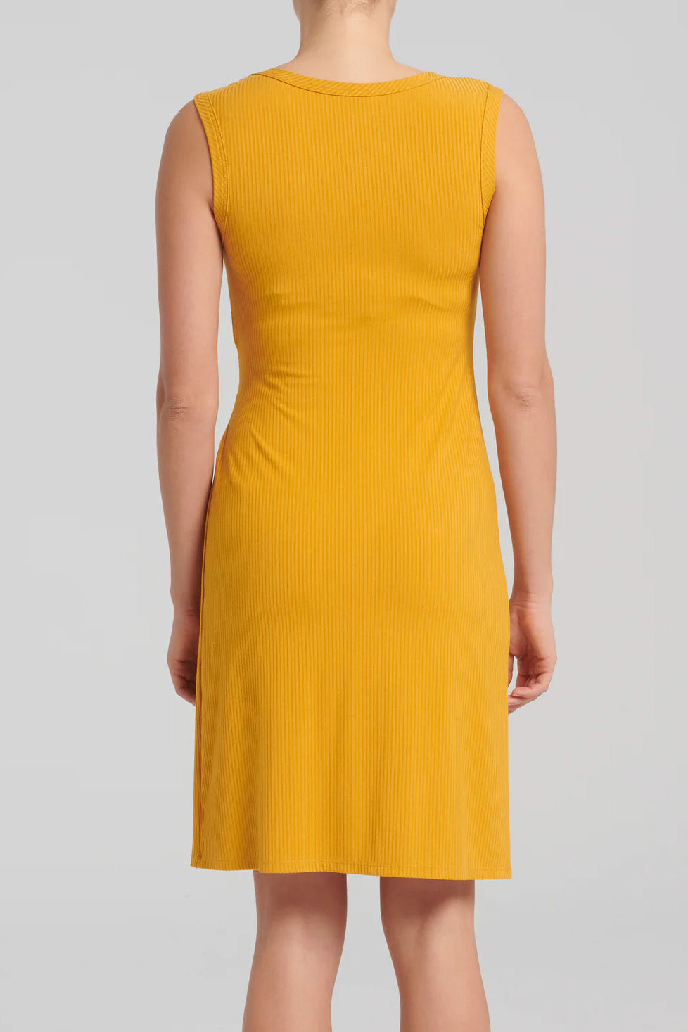 Saranya Dress by Kollontai, Topaz, back view, sleeveless, scoop neck, wide straps, bamboo rib-knit, pleat details at waist, straight cut, knee length, sizes XS to XXL, made in Quebec