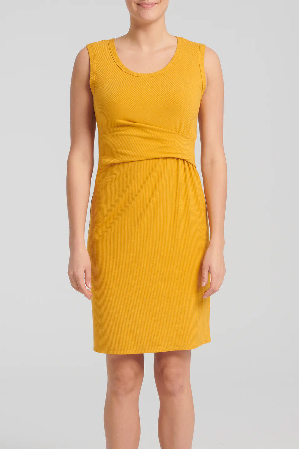 Saranya Dress by Kollontai, Topaz, sleeveless, scoop neck, wide straps, bamboo rib-knit, pleat details at waist, straight cut, knee length, sizes XS to XXL, made in Quebec