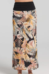 Divona Skirt by Kollontai, wide black band at top, neutral toned tropical print below, wear as a strapless midi dress or a maxi skirt, sizes XS to XXL, made in Quebec