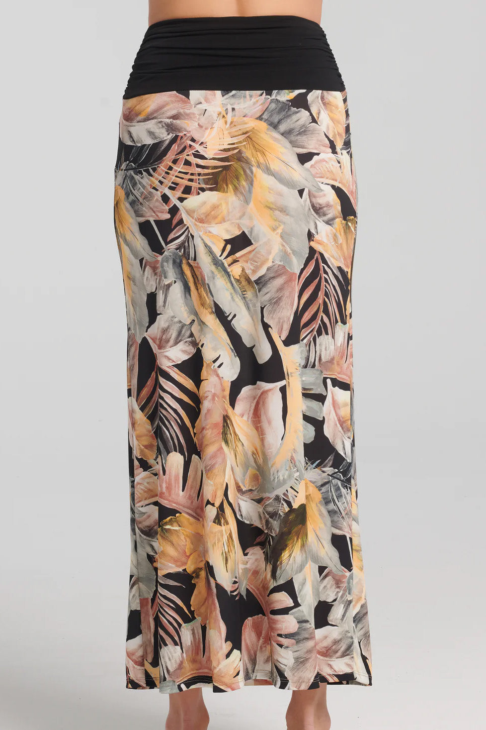 Divona Skirt by Kollontai, back view, wide black band at top, neutral toned tropical print below, wear as a strapless midi dress or a maxi skirt, sizes XS to XXL, made in Quebec