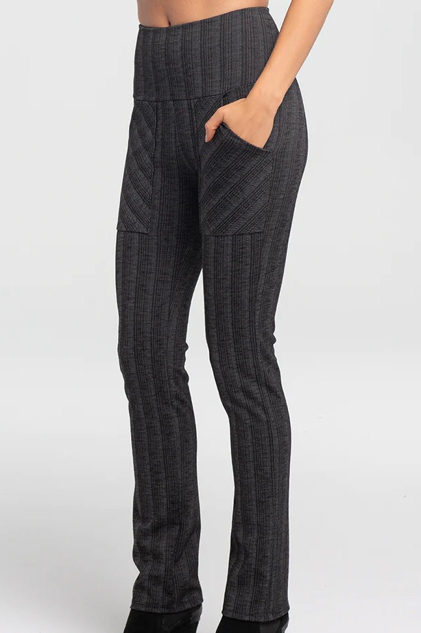 Junko Pants by Kollontai, Charcoal, striped, stretch, pull-on style, wide waistband, front patch pockets with diagonal stripes, sizes XS to XXL, made in Montreal