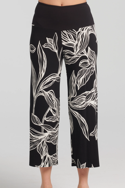 Thora Pants by Kollontai, Black and white leaf print, solid black pull-on waistband, wide legs, slightly cropped, sizes XS to XXL, made in Montreal