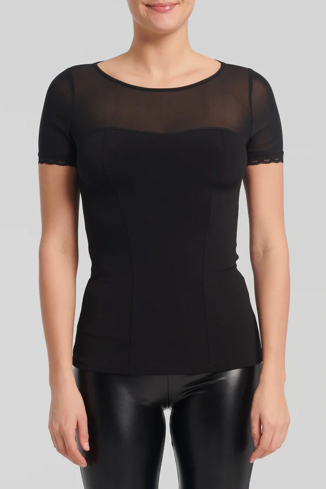 Selene T-Shirt by Kollontai, Black, solid black fabric through torso, sheer black fabric at upper chest, back and short sleeves, vertical seams, faux-sweetheart neckline, sizes XS to XXL, made in Montreal