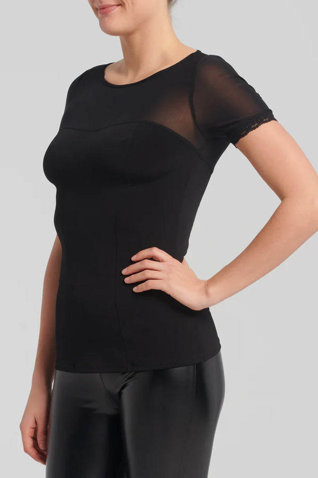 Selene T-Shirt by Kollontai, Black, solid black fabric through torso, sheer black fabric at upper chest, back and short sleeves, vertical seams, faux-sweetheart neckline, sizes XS to XXL, made in Montreal
