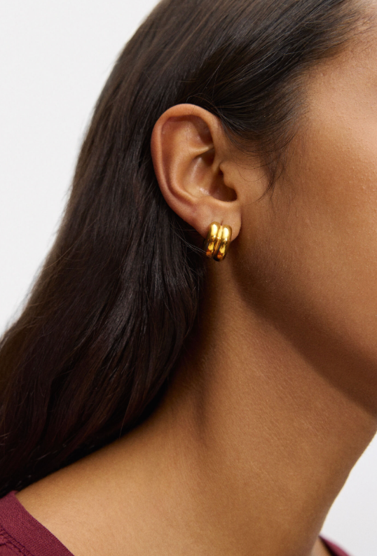 Puffy Double Hoop Earring | Steel Gold Huggie 