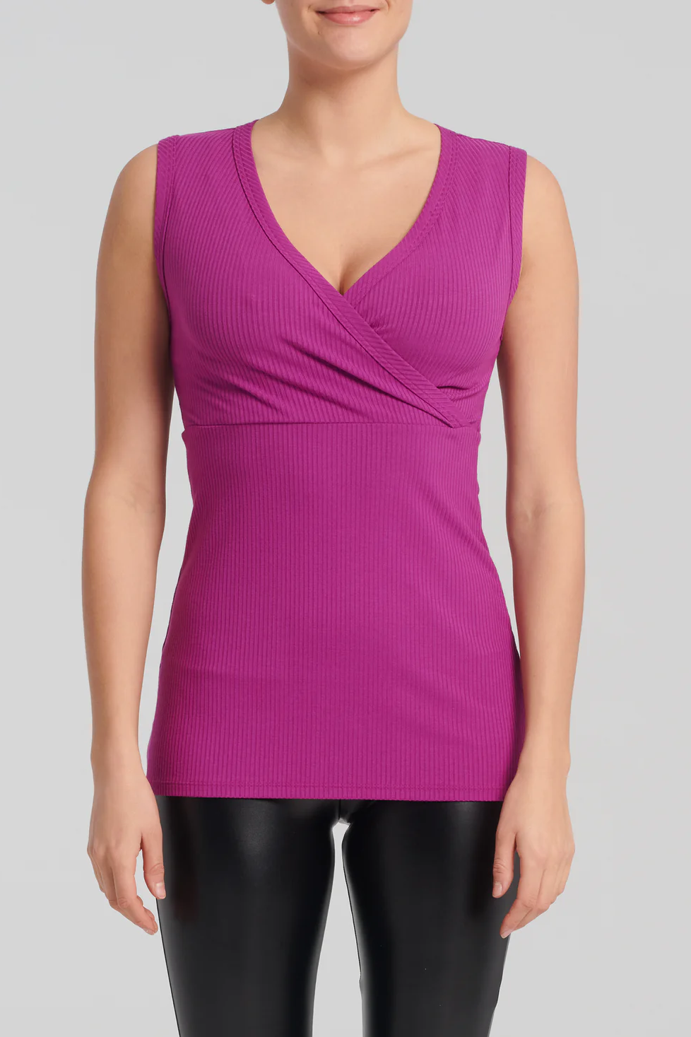 Carla Top by Kollontai, Amethyst, sleeveless top, faux-wrap neckline, empire waist, long and fitted silhouette, eco-fabric, bamboo rib knit, sizes XS to XXL, made in Montreal 