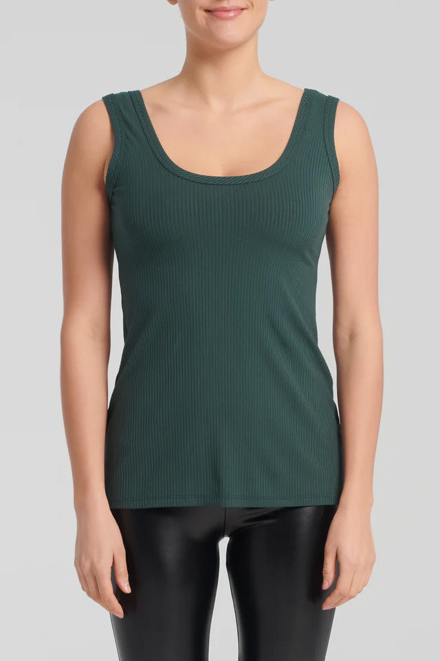 Ritona Top by Kollontai, Forest, wide strap camisole, ribbed bamboo knit, scoop neckline at back and front, sizes XS to XXL, made in Montreal