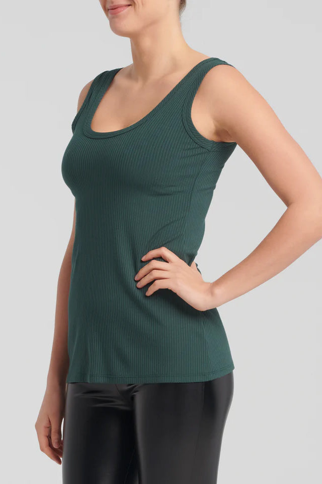 Ritona Top by Kollontai, Forest, wide strap camisole, ribbed bamboo knit, scoop neckline at back and front, sizes XS to XXL, made in Montreal