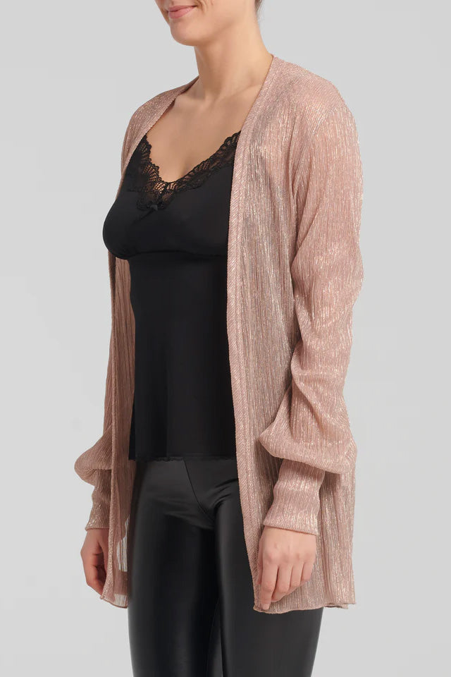 Melete Cardigan by Kollontai, Blush, open cardigan, long sleeves that puff and gather at the wrists, shimmery and sheer Lurex-blend fabric, sizes XS to XXL, made in Montreal