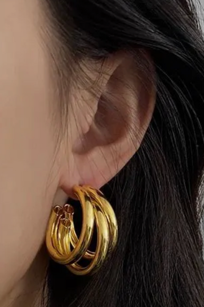 Triple Medium High Shine Steel Hoop Earring