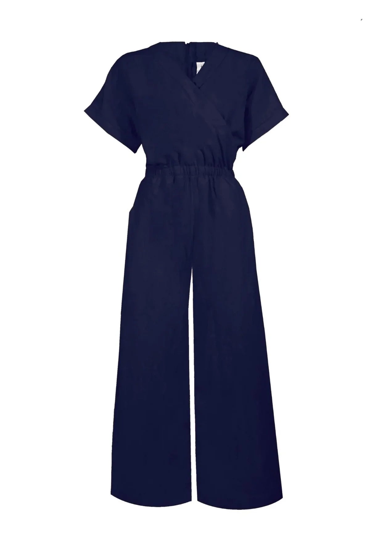Elka Jumpsuit by Melow, Midnight, short sleeves, faux-wrap front, elastic waist, capri length, wide legs, side pockets, eco-fabric, OEKO-TEX certified, viscose, linen, sizes XS to XXL, made in Montreal