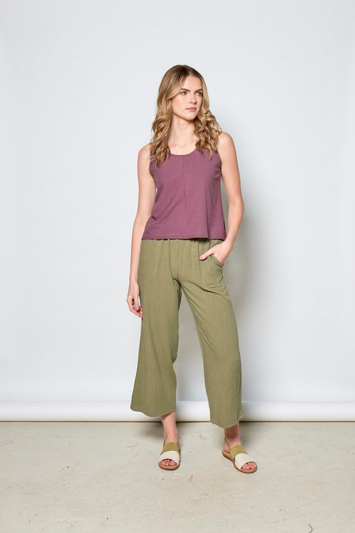 Heidi Pant by Tangente, Sage, cropped, wide leg, elastic waist, slant pockets, eco-fabric, rayon and linen, OEKO-TEX certified, sizes XS to XL, made in Montreal