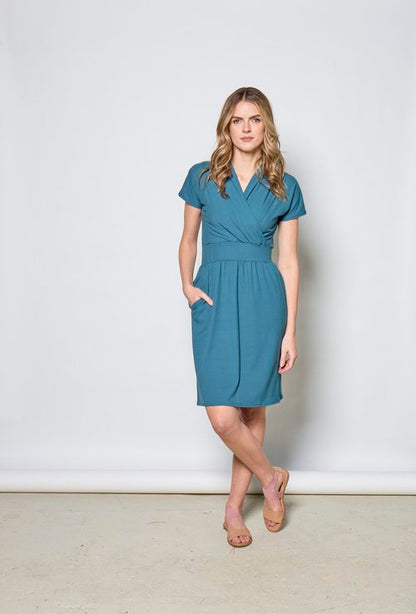 Thea Dress by Tangente, Ocean, cross-over neckline, wide waistband, gathered skirt with inseam pockets, short dolman sleeves, above the knee length, eco-fabric, bamboo rayon, sizes XS to XXL, made in Ottawa