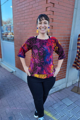 Kafta Top by SI Design, Multicolour, wide neck, 3/4 sleeves, wide band at hem, sizes XS to XL, made in Quebec