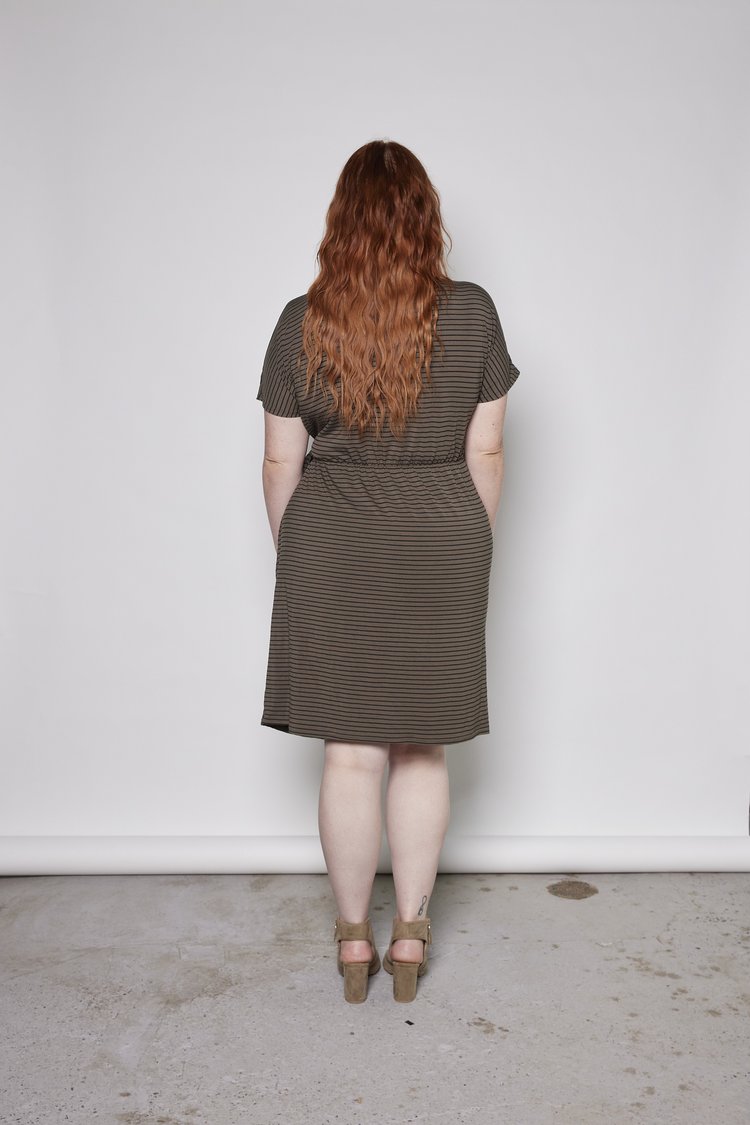 Hazel Dress by Tangente, Seaweed with Black Stripe, back view, cap sleeves, pleating at the waist, elastic at back waist, attached ties at waist, bamboo rayon, sizes XS to XXL, made in Ottawa