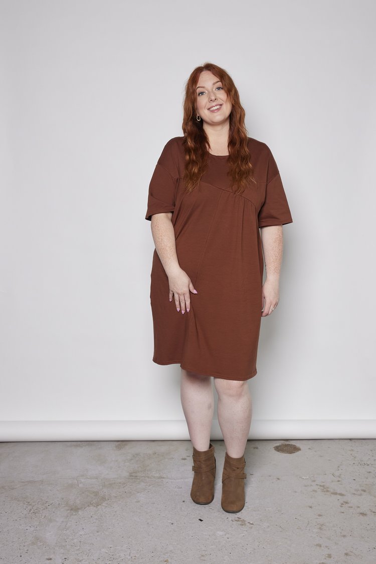 Evelyn Dress by Tangente, Tobacco, loose fit, pleated panels, asymmetrical front seams, drop sleeves, OEKO-TEX certified, cotton jersey, eco-fabric, sizes XS to XXL, made in Ottawa