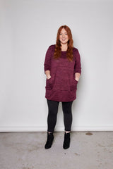 Zoe Tunic by Tangente, Wine, pullover style tunic, round neck, 3/4 sleeves, front pockets, wide band at hem, sizes XS to XXL, made in Ottawa