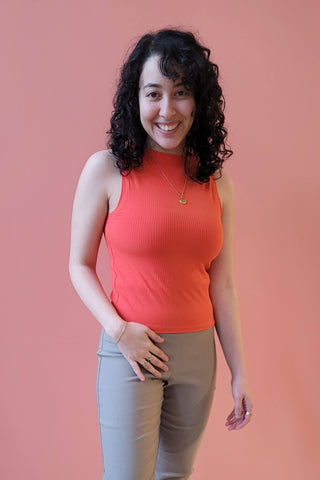 Ima Top by Melow, Coral, sleeveless, fitted, rib knit, slightly cropped length, sizes XS to XXL, made in Montreal