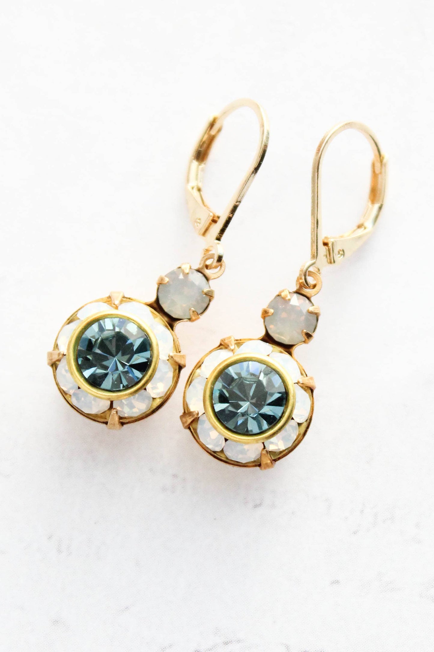 Art Deco Floral Earrings | White Opal & Dusty Blue Sapphire