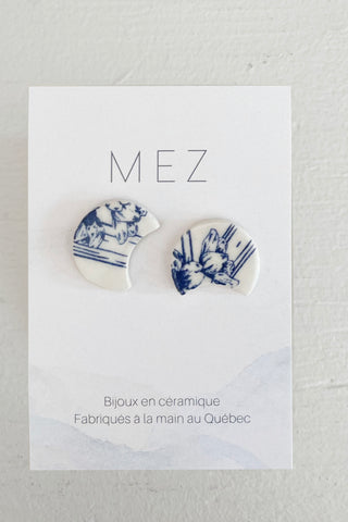 Blue White crescent studs
