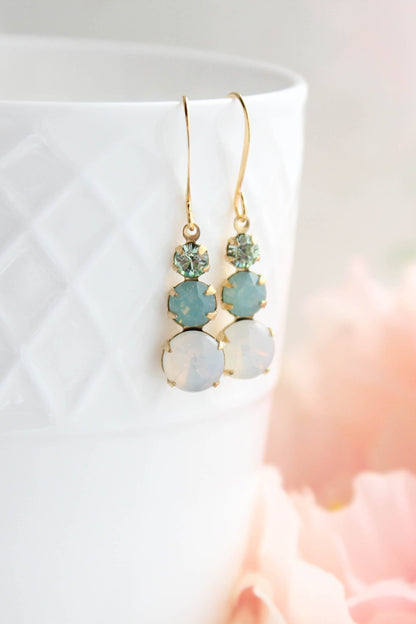 Vintage Glass Earrings - Three Jewel Aqua and Opal Glass