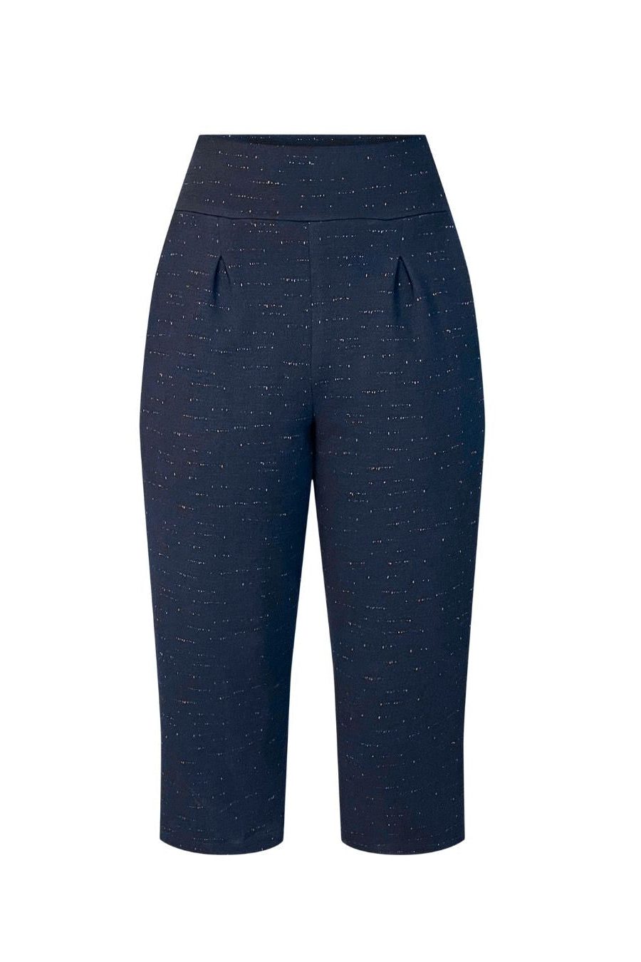 The Nathan Pants by Melow in Navy speckled fabric, 7/8 length wide legged pants with a high pull-on waist band and front pleats, are shown against a white background. 