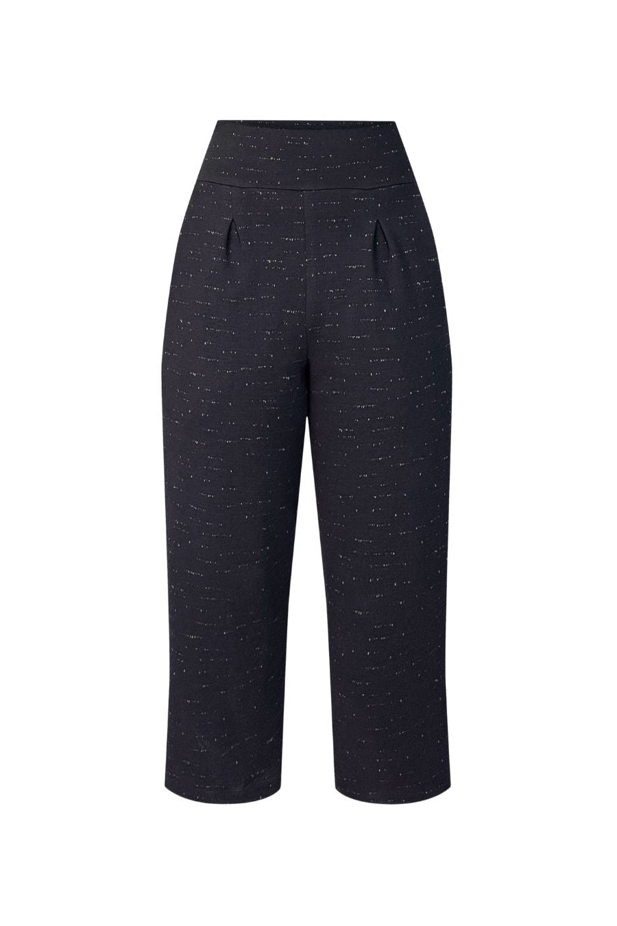 The Norbert Pants by Melow in Black speckled fabric, high waisted pull-one pants with a straight full length leg, are shown against a white background 