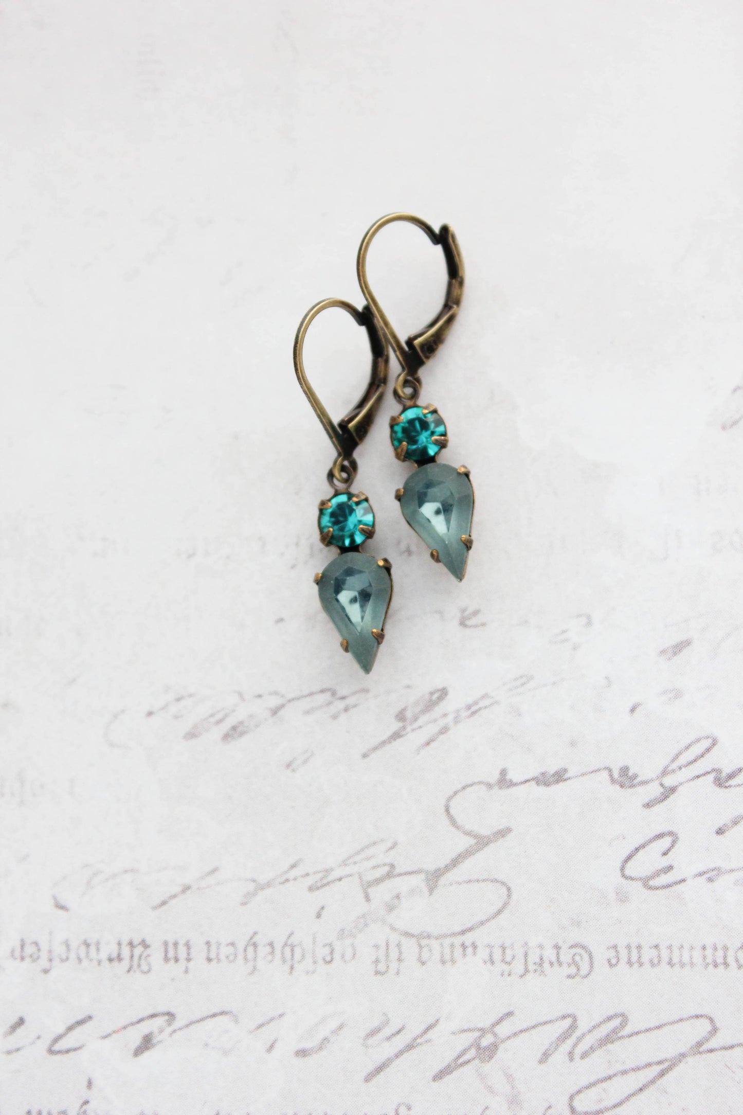 Tiny Vintage Glass Drop Earrings | Peacock Blue