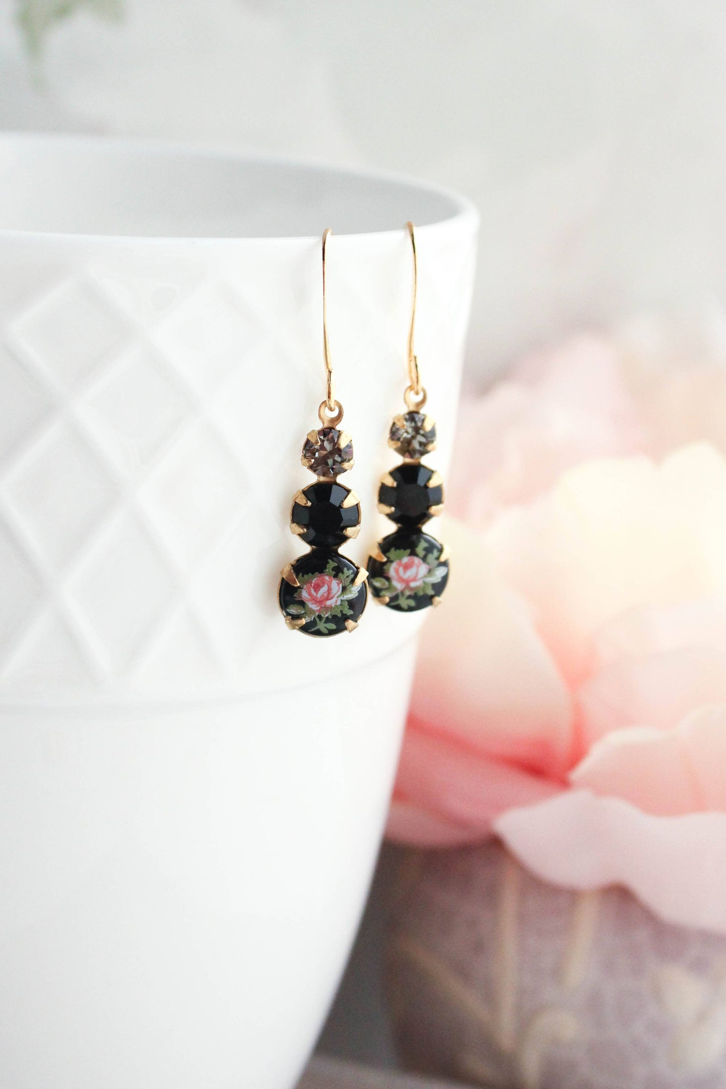 Vintage Glass Earrings - Three Jewel Black w/ Pink Rose