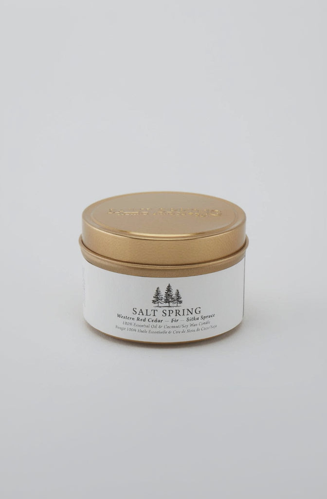 Candle jar with gold lid and 'Salt Spring' label on a light gray background