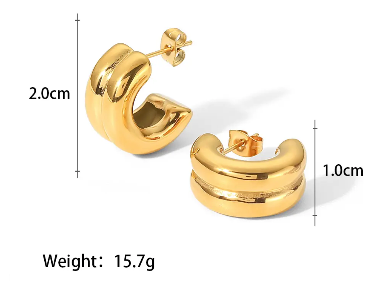 Puffy Double Hoop Earring | Steel Gold Huggie 