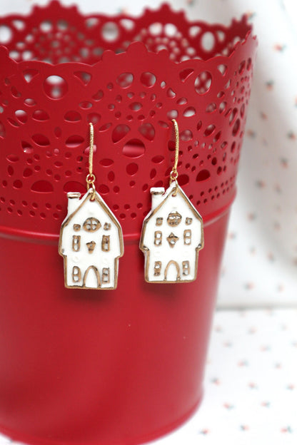 White & Gold House Dangle Earrings