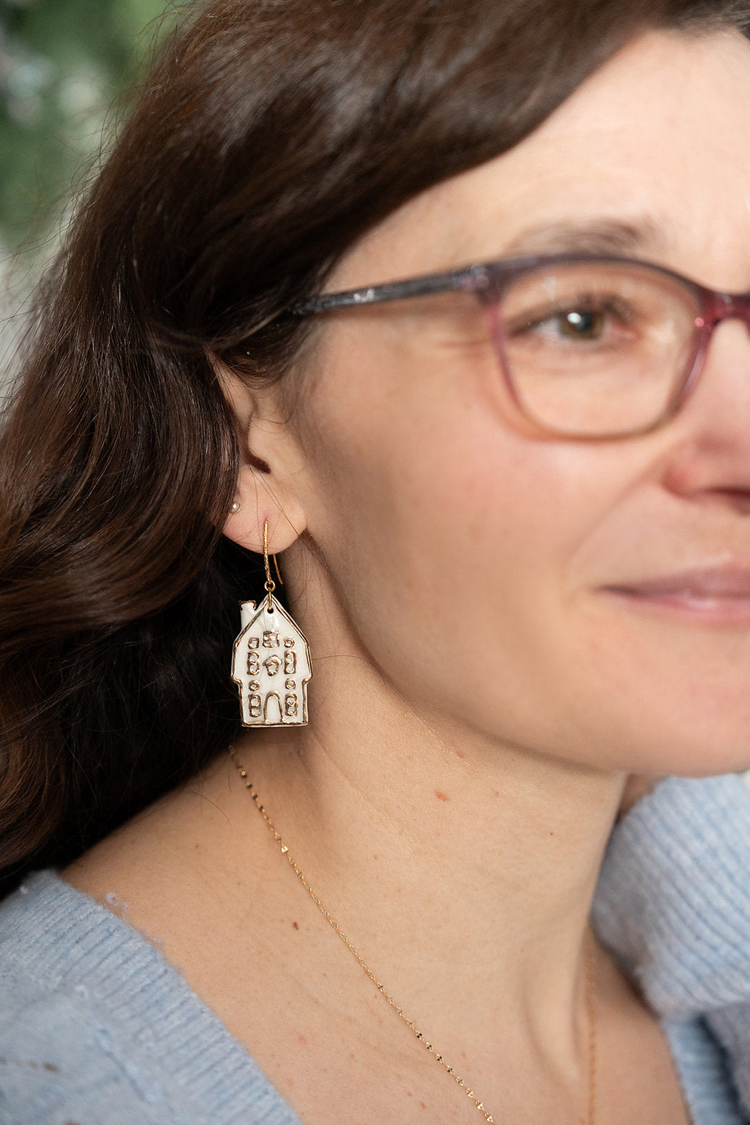 White & Gold House Dangle Earrings