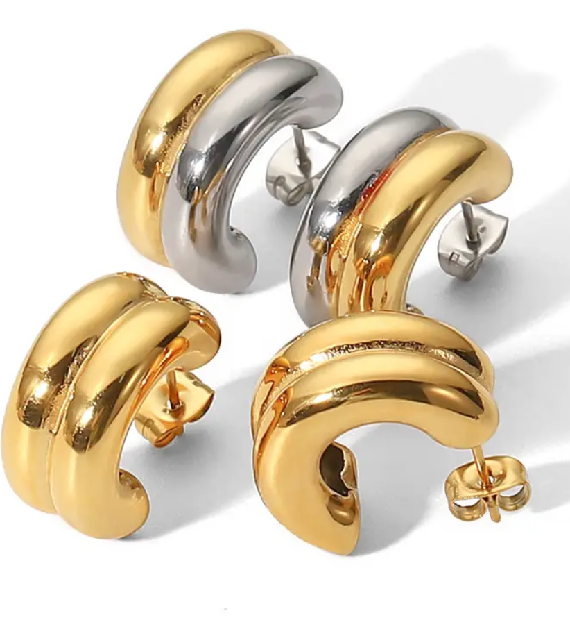 Puffy Double Hoop Earring | Steel Gold Huggie 