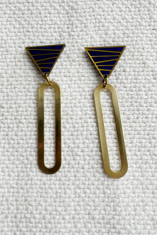 blue triangle w/ lines dangle earrings