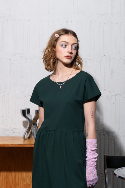 Adikia Dress by Eve Lavoie,  Forest Green, short sleeves, round neck at the front and V-neck at the back, reversible, loose fit, short length, sizes XS to XL, made in Montreal  