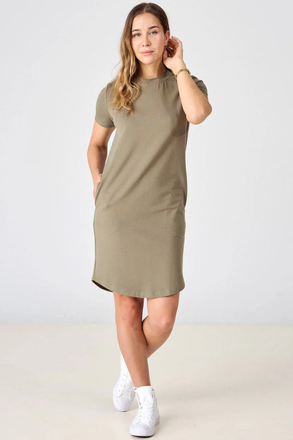 T-Shirt Dress by Advika, Olive, crew neck, short sleeves, rounded above the knee hem, pockets, eco-fabric, organic cotton, OEKO-TEX certified, sizes S to XXL, made in Montreal