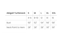 Abigail Turtleneck by Advika, Size Chart